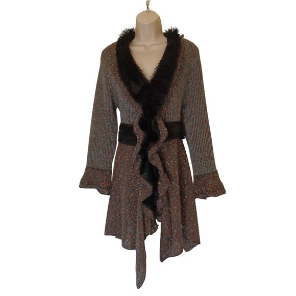 Mixed Media Long Cardigan Boucle Faux Fur sz. L - Picture 1 of 7